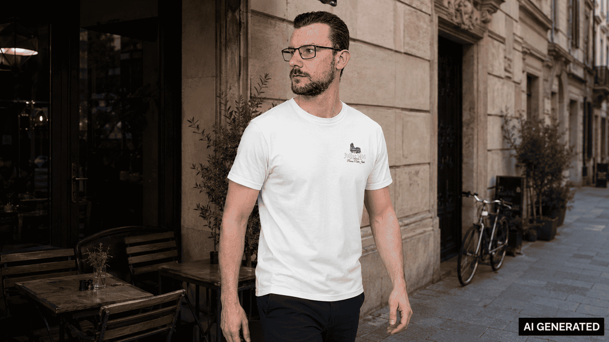 KI-Stylingbeispiel: Mann trägt das weiße Old Money Club T-Shirt mit kleinem Brustlogo in einer Altstadtgasse