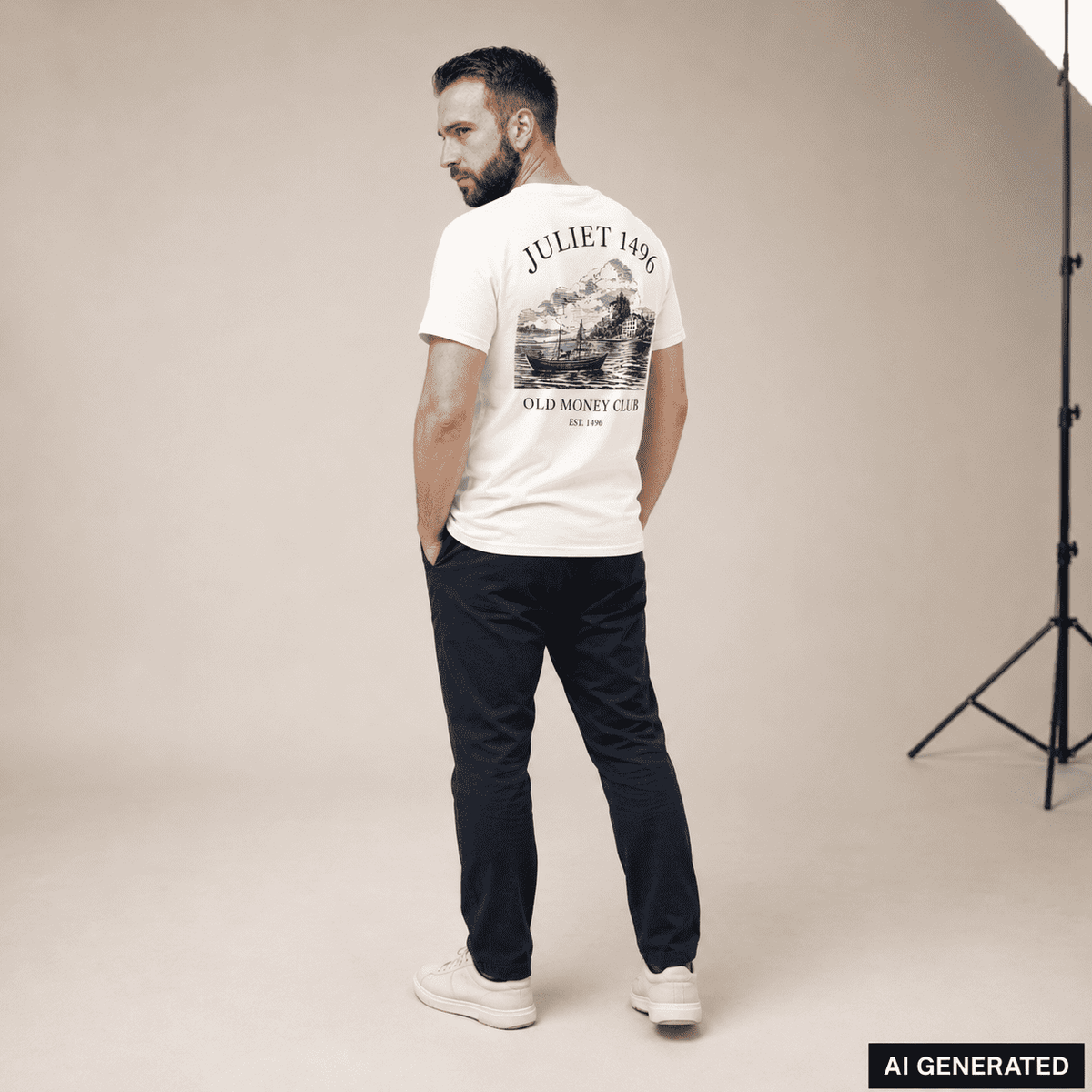 KI-Stylingbeispiel: Mann trägt das weiße Old Money Club T-Shirt mit großem Küstenmotiv auf dem Rücken