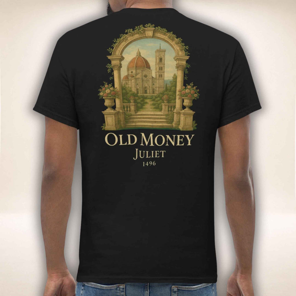 Schwarzes T-Shirt Palazzo Firenze mit Architekturmotiv in goldenem Ornamentrahmen, Rückenansicht