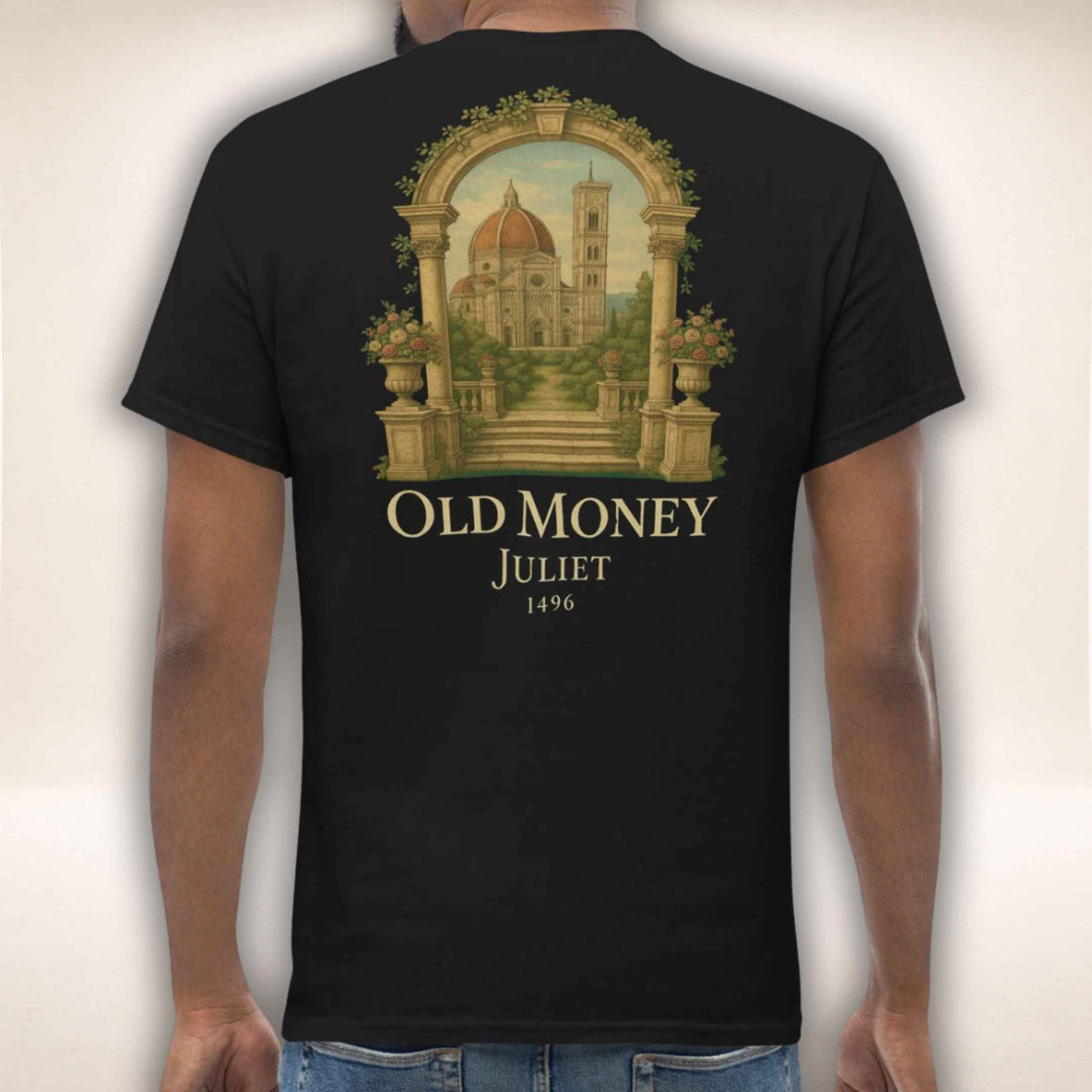 Schwarzes T-Shirt Palazzo Firenze mit Architekturmotiv in goldenem Ornamentrahmen, Rückenansicht
