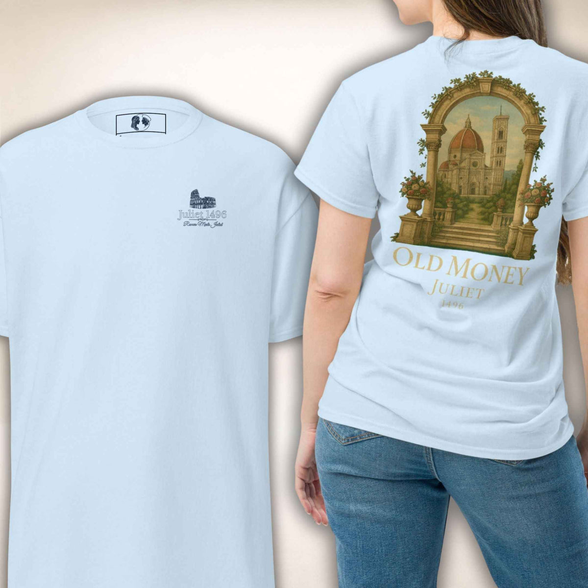 T-Shirt Palazzo Firenze in Hellblau mit Architekturmotiv, Vorder- und Rückseite