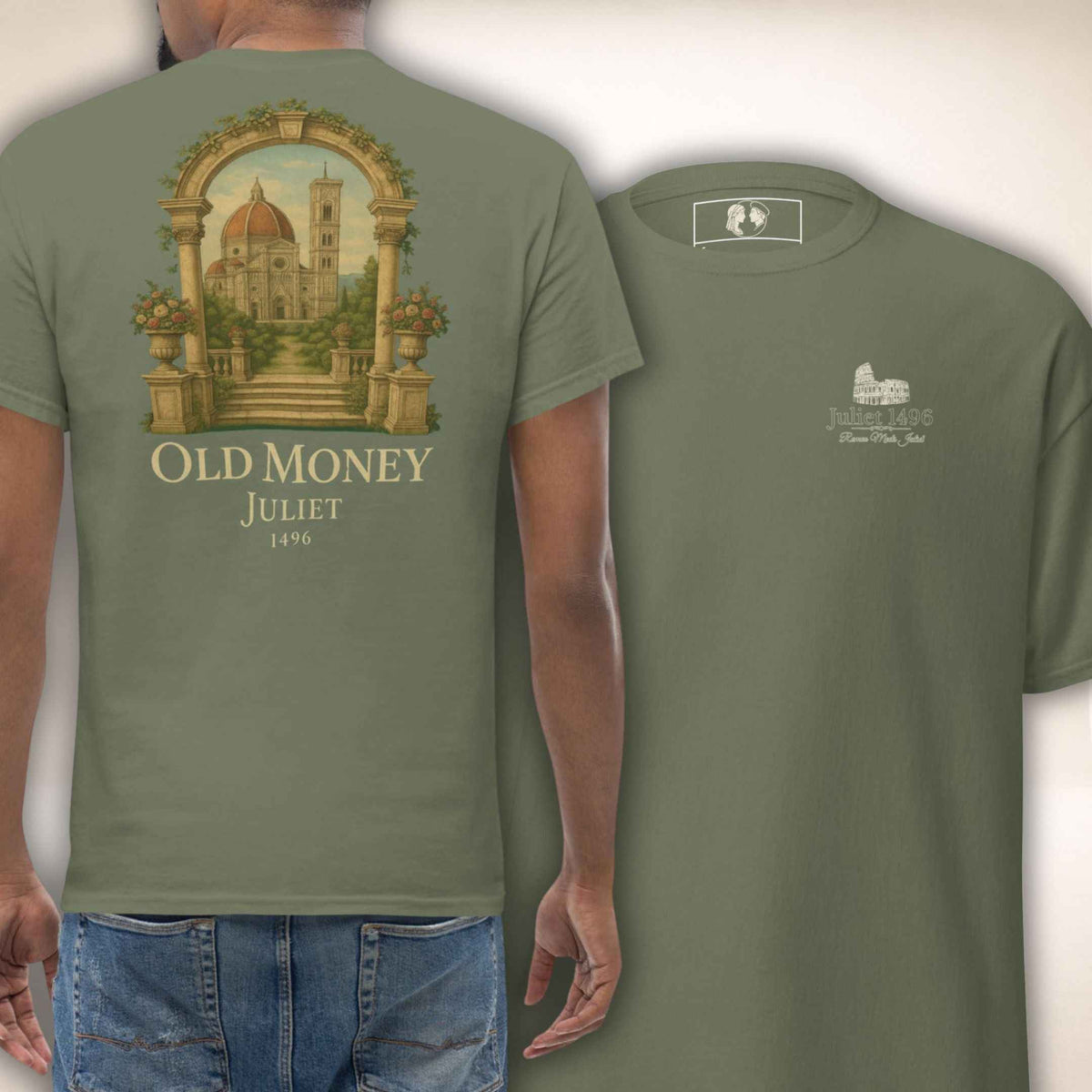 T-Shirt Palazzo Firenze in Militärgrün mit Architekturmotiv, Vorder- und Rückseite