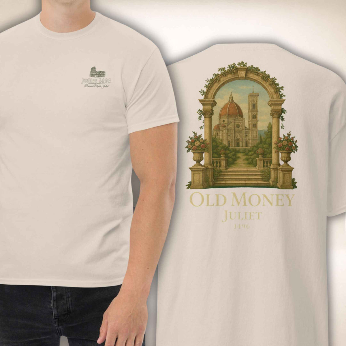 T-Shirt Palazzo Firenze in Natur mit Architekturmotiv, Vorder- und Rückseite