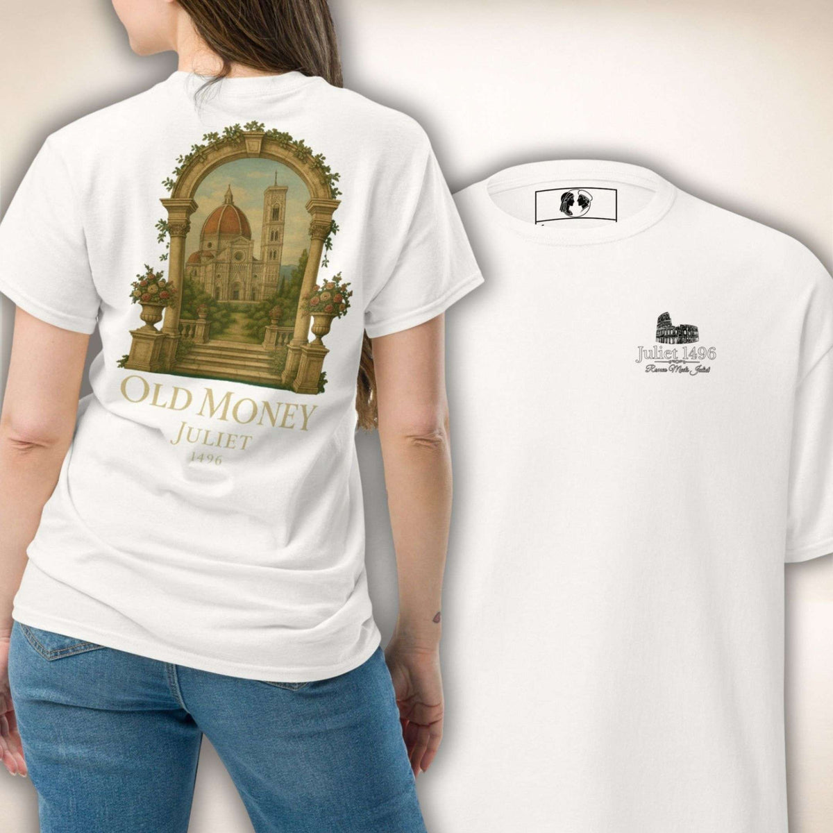T-Shirt Palazzo Firenze in Weiß mit Architekturmotiv, Vorder- und Rückseite