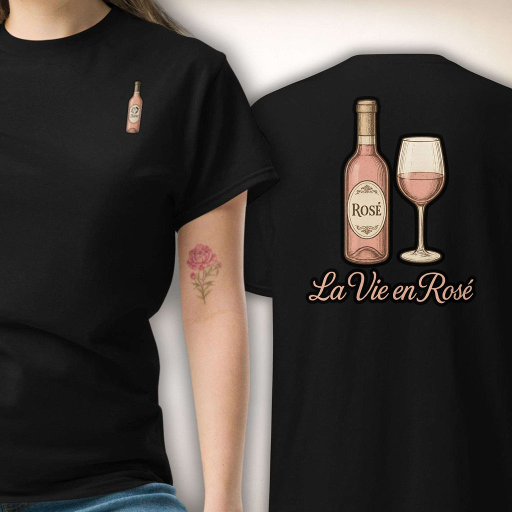 Rosé Royale T-Shirt in Schwarz, Vorder- und Rückseite