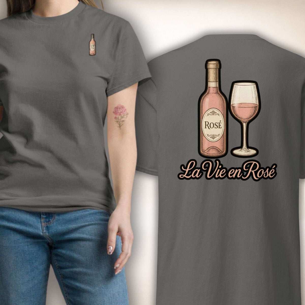 Rosé Royale T-Shirt in Grau, Vorder- und Rückseite