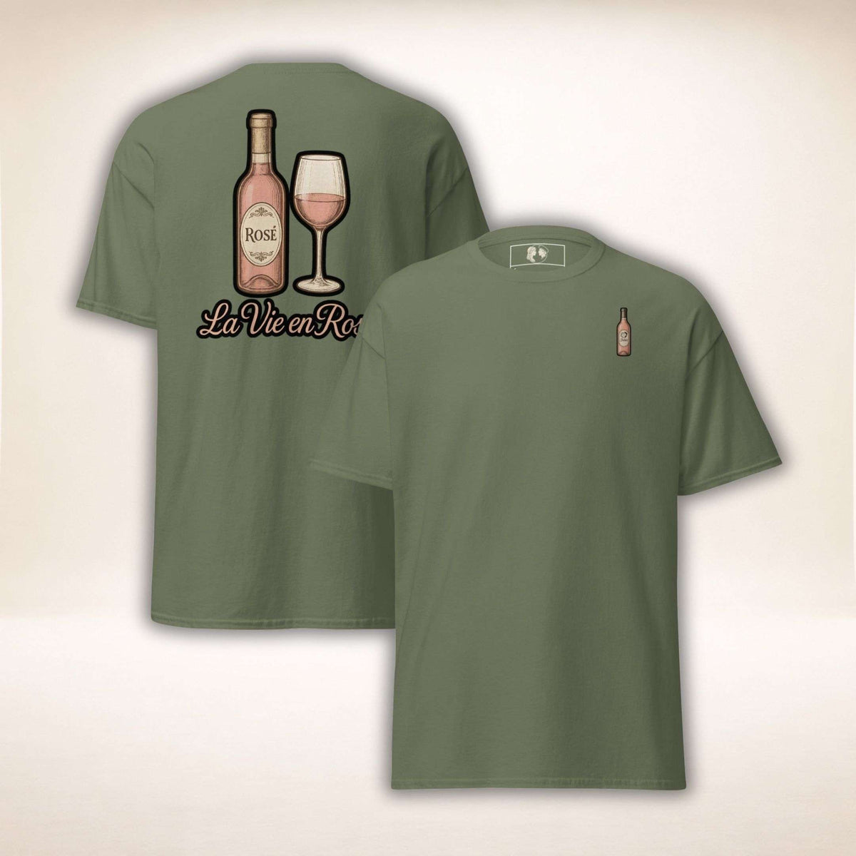 Rosé Royale T-Shirt in Olivgrün, Vorder- und Rückseite