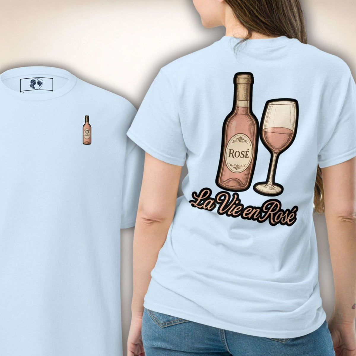 Rosé Royale T-Shirt in Hellblau, Vorder- und Rückseite