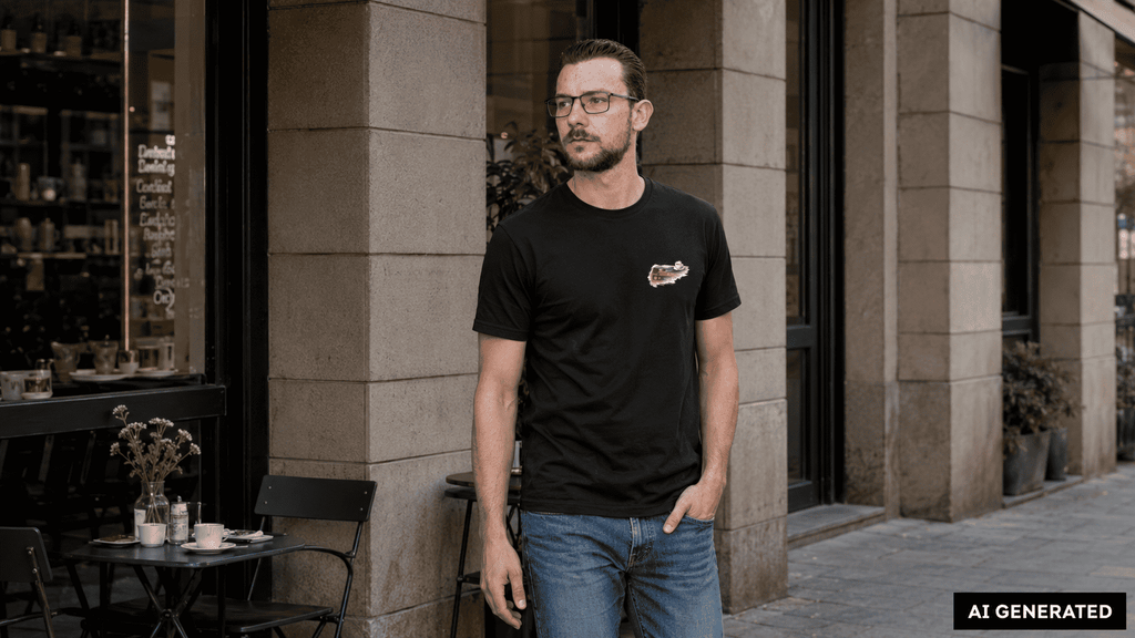 KI-Stylingbeispiel: Mann trägt das schwarze Sportiva Club 26 T-Shirt mit kleinem Brustmotiv bei einem Stadtspaziergang